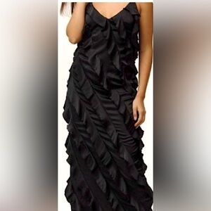Anthropologie Bias-Cut Black, Silky, Ruffled
Midi Dress - Size Small